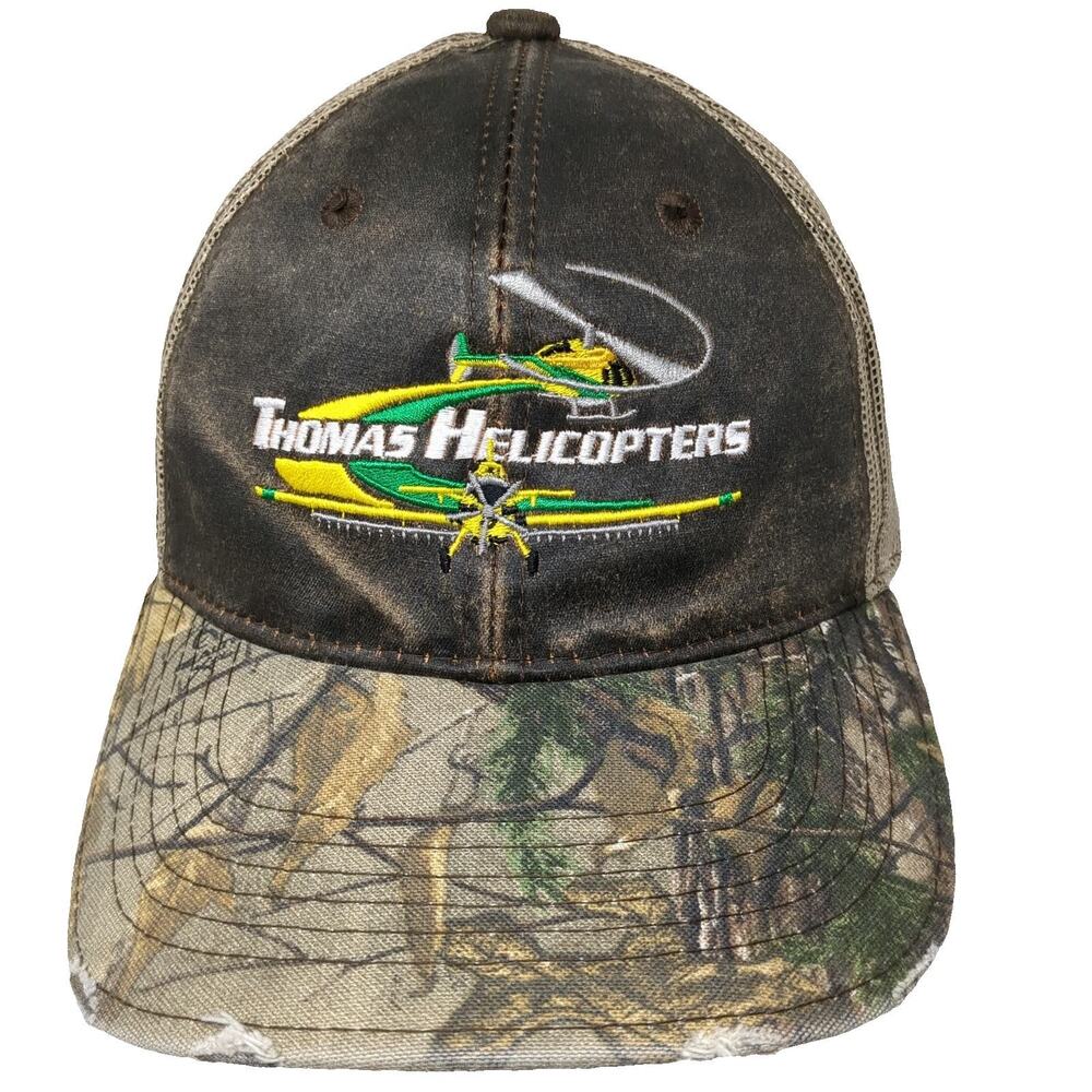 OC Thomas Helicopters Brown Camo One Size Trucker Hat Snapback Distressed Mesh